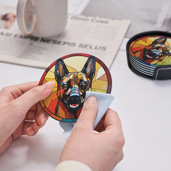 Drink Coaster Set of 6, Belgian Malinois Dog Mom Lover Gift, Leather Drink - Image 7