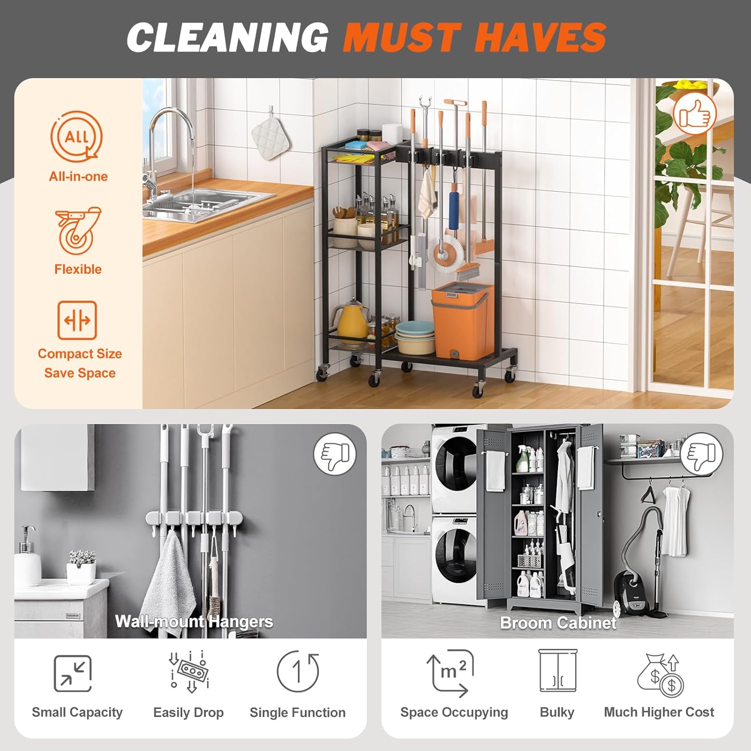 Broom Holder with Cleaning Supplies Organizer, Broom Closet Storage Cabinet with Cleaning Caddy, Cleaning Cart with Mop Hanger Gripper Rack Hooks,Janitorial Cart,Utility Carts Household Essentials