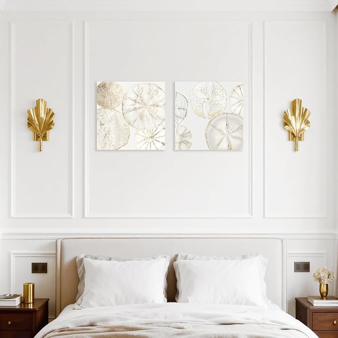 2 Pieces Coastal Wall Art Sea Shell Sand Dollar Painting Modern Abstract Gold - Image 3
