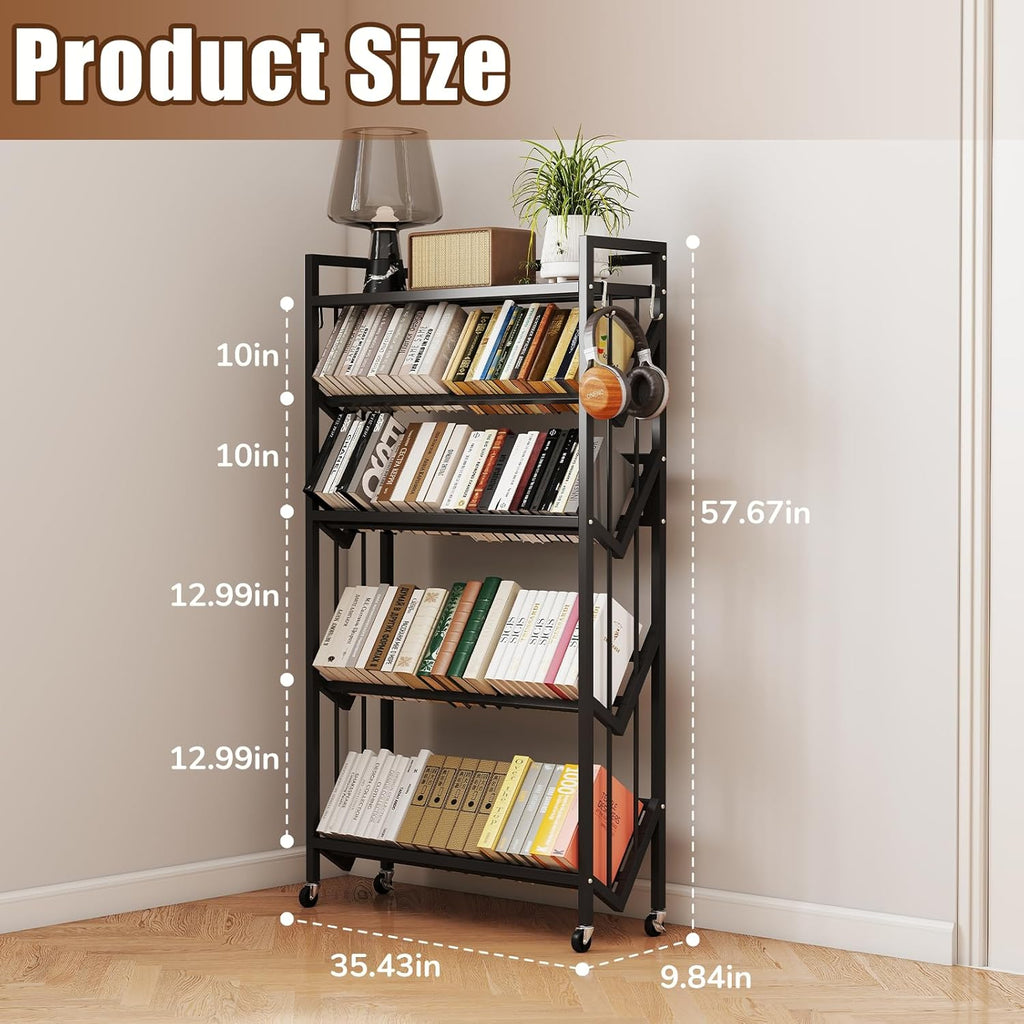 Book Carts 5 Tier 57.7x35.4x9.84 in Rolling Book Cart Large Capacity Bookshelf Storage Rack Mobile Book Storage with Wheels Cart for Home Office Living Room Classroom (5 Tier Black)