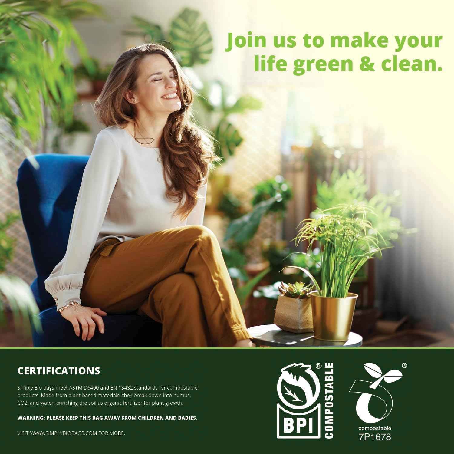 Simply Bio 3 Gallon Compostable Trash Bags Liners Drawstring, Heavy Duty Extra Thick 1 Mil, 11.36 Liter, 50 Bags, Small Kitchen Food Scrap Waste Bag, ASTM D6400, US BPI and OK Compost Home Certified