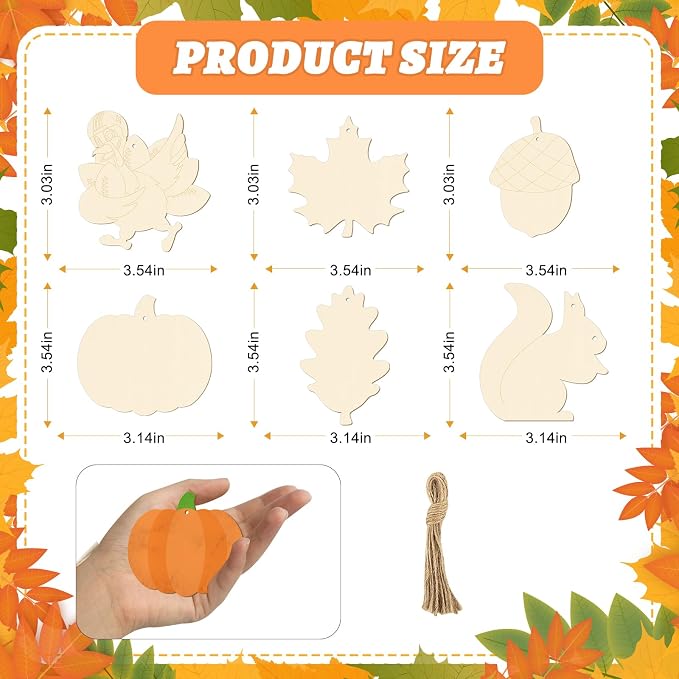 24 PCS Unfinished Wooden Thanksgiving Crafts, Pumpkin Turkey Shaped Hanging - Image 2