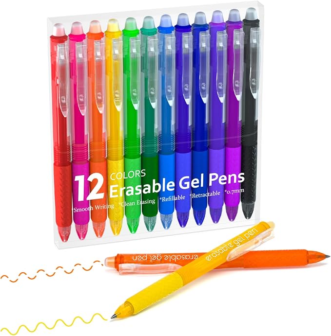 Lineon Erasable Gel Pens, 12 Colors Retractable Fine Point Erasable Pens Clicker by ShuttleArt