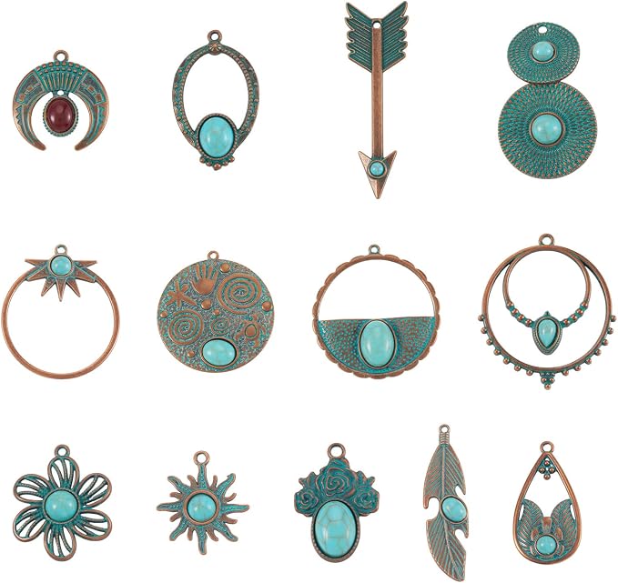 13Pcs Vintage Synthetic Turquoise Charms, Tibetan Style Alloy Bohemia Retro - Image 7