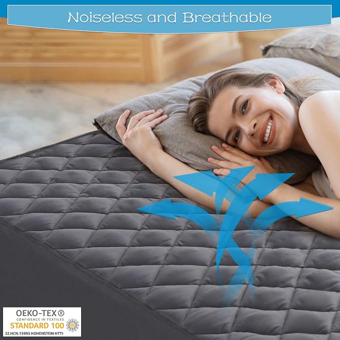GRT King Size Grey Quilted Fitted Mattress Pad, 100% Waterproof Breathable - Image 3