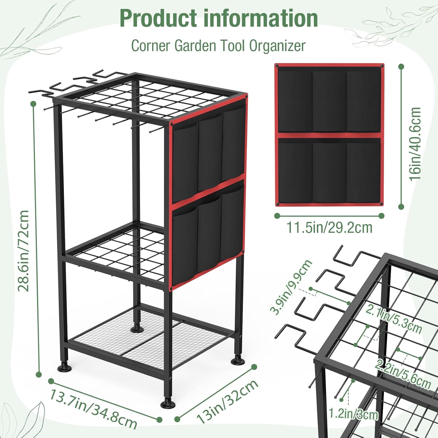 Garden Tool Organizer,Metal Yard Tool Organizer,Holds 50 Long-Handled Tools/Rakes/Brooms,Side Garden Pocket,Heavy Duty Steel Yard Tool Storage Rack for Garage,Shed, Outdoor