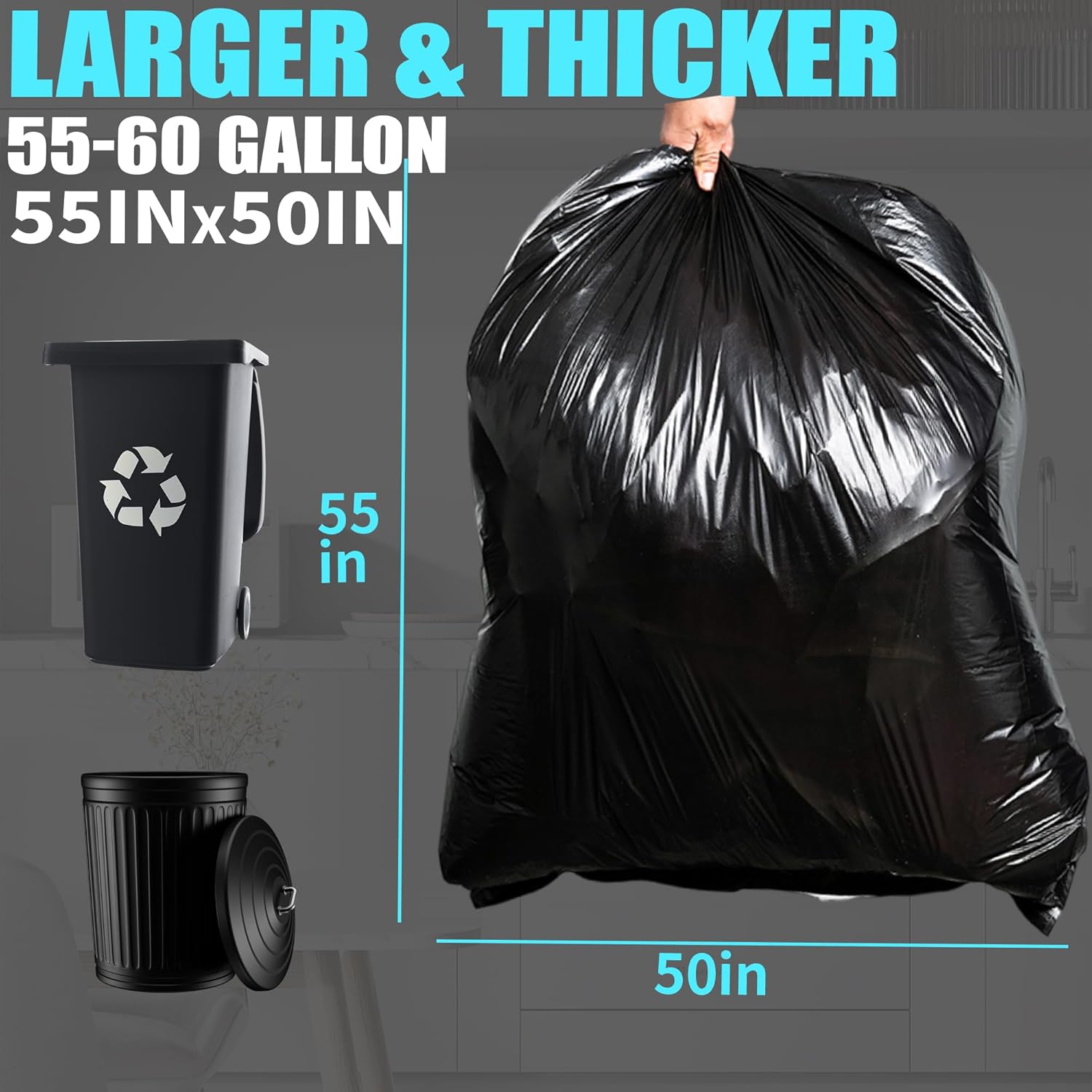 Brandon-super 55-60 Gallon Trash Bags, 50 count, Sturdy & Tear-Resistant Commercial Can Liners 55 Gallon, Large Garbage Bags, Large Black Trash Bags for Commercial, Lawn and Leaf Bags