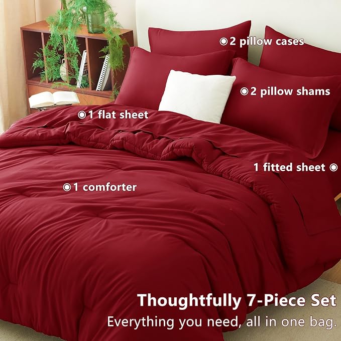 CozyLux Full Size Comforter Sets Dark Red, 7 Pieces Bed in a Bag Full Comforter - Image 6