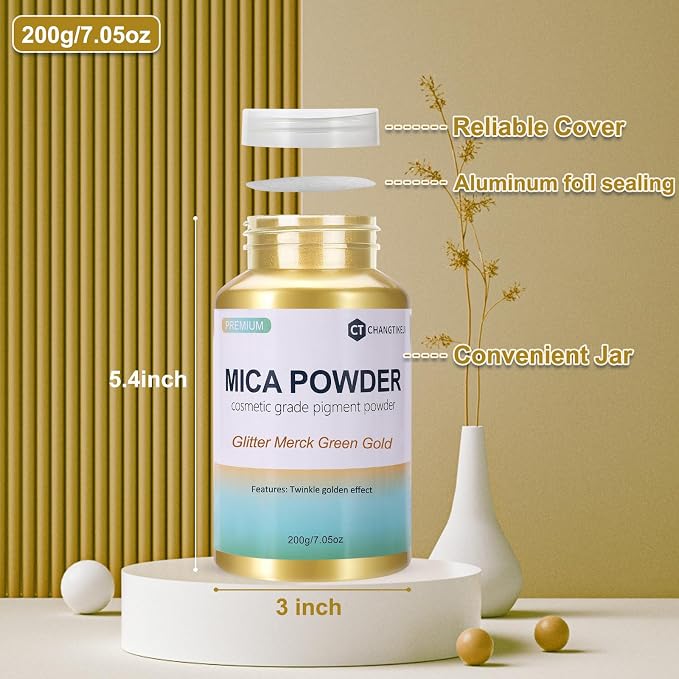 Mica Powder, 7.05OZ（200g）, Glitter Merck Green Gold Mica Powder Pigment - Image 3