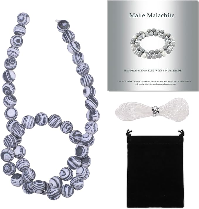 8mm Matte Black and White Malachite Bead, 15-Inch Matte Round Loose Stone Beads by THRELE