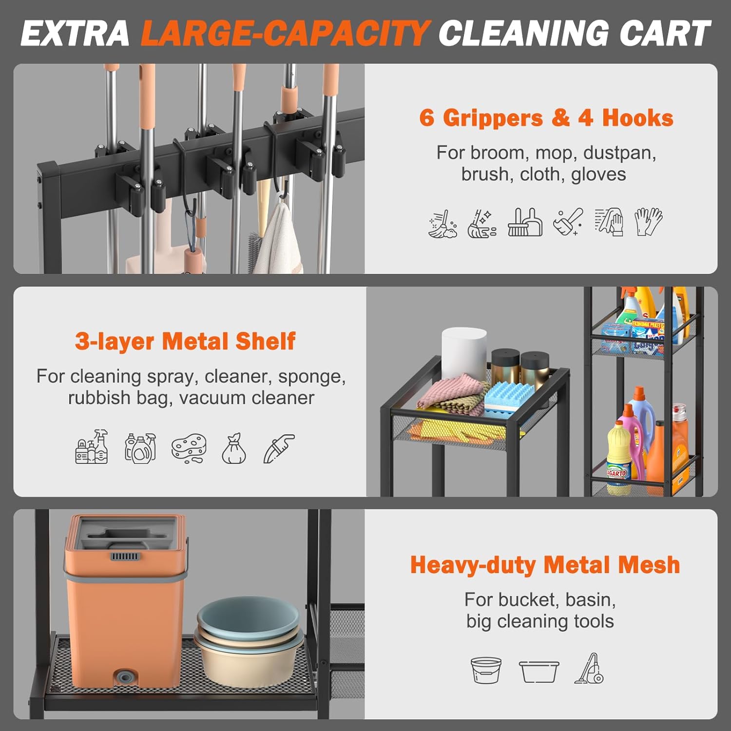 Broom Holder with Cleaning Supplies Organizer, Broom Closet Storage Cabinet with Cleaning Caddy, Cleaning Cart with Mop Hanger Gripper Rack Hooks,Janitorial Cart,Utility Carts Household Essentials
