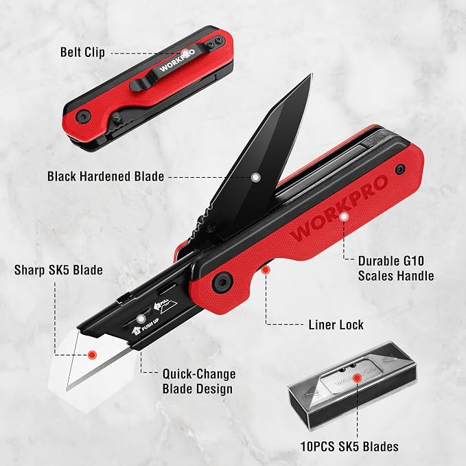 WORKPRO 2-in-1 Folding Knife/Utility Knife, Quick-Change Box Cutter - Image 3