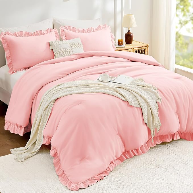 FUANNA Twin Comforter Set Pink, 2 Pieces Ruffle Twin Bed Set, Fluffy Twin - Image 2