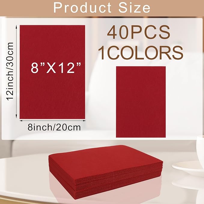 40 Pcs Stiff Felt Fabric Sheet for Crafts, 1mm Thick and 8”x12”Red Felt Fabric - Image 2