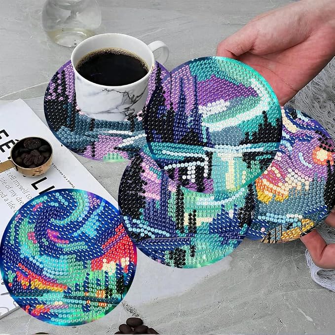ijbnhd 8 Pcs Aurora Diamond Art Coasters Kits Landscape 4x4 inch | Diamond - Image 4