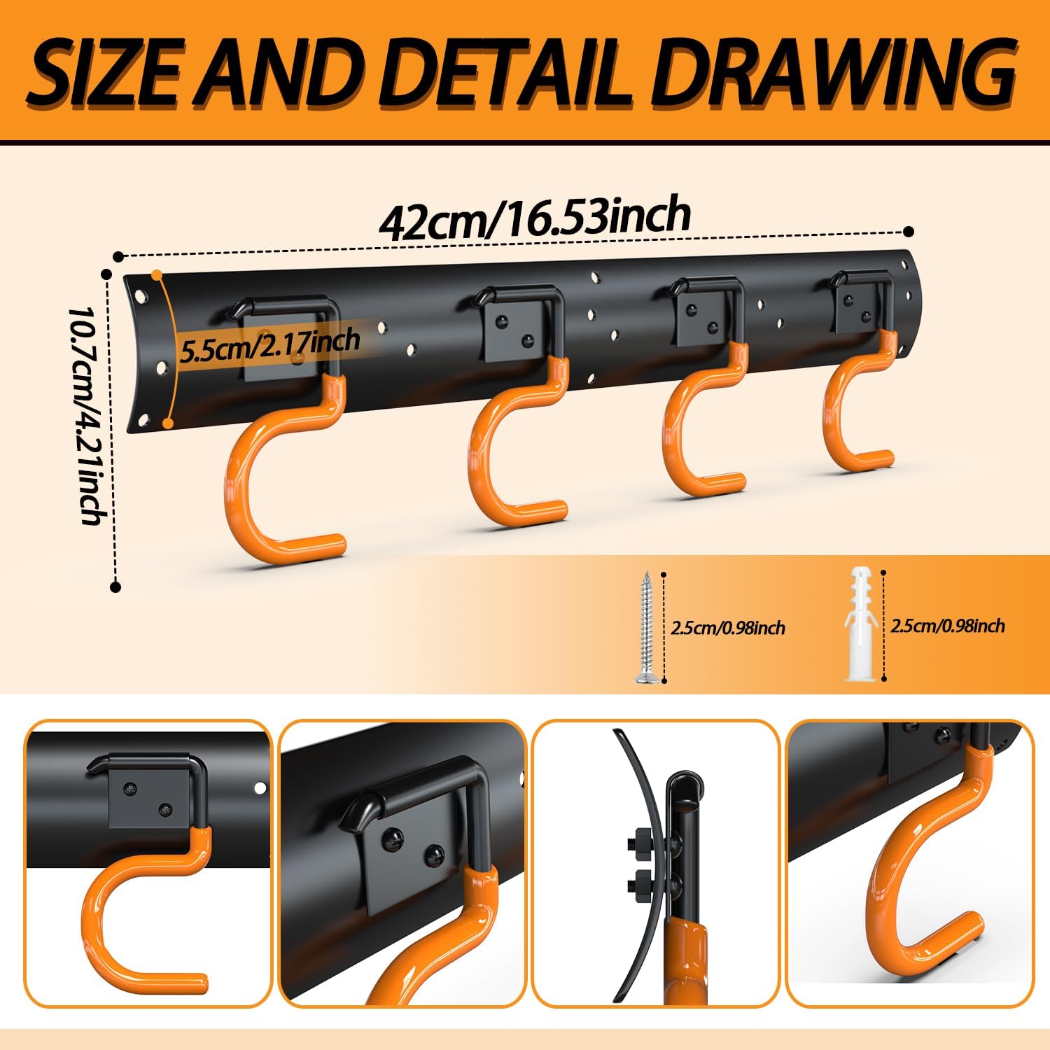 3-H 24×16" All Metal Garden Tool Organizer, Garage Tool Organizer, Broom Holder Wall Mount for Garage, Shed, Garden, Basement Hanging and Organizing Rake, Mop, Shovel, Hose
