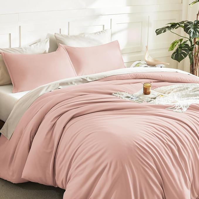 Litanika Pink Queen Size Comforter Set, 3 Pieces Blush Plain Bedding Comforter - Image 5