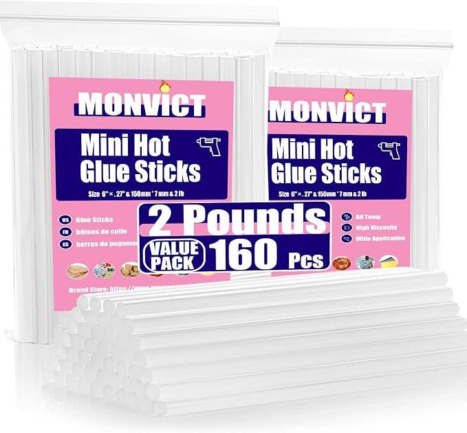 MONVICT 2 LBS Mini Hot Glue Sticks, 7 * 150mm | 0.27 in. Diameter, 6 in. Length by MONVICT