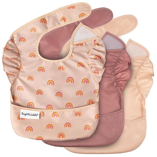 Tiny Twinkle Mess Proof Baby Bibs for Eating – Waterproof, Wipeable Toddler Bibs with Pocket – Baby Food Bibs for Girls & Boys(3 Pack,Boho Set)