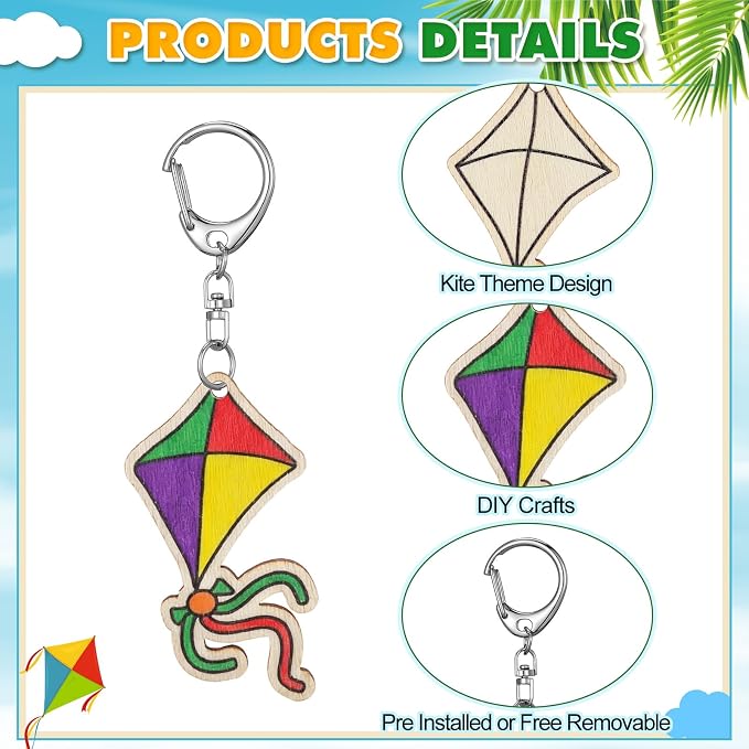 RattanView 24 Pcs Kites Crafts Color Your Own Keychains DIY Craft Wooden Blank - Image 3