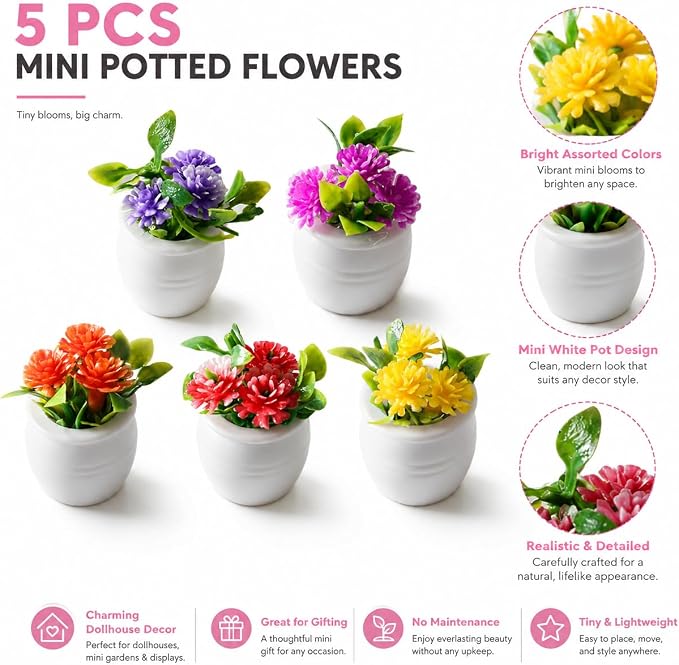 5Pcs Miniature Dollhouse Flowers, Artificial Potted Plants, Fairy Garden Decor - Image 2