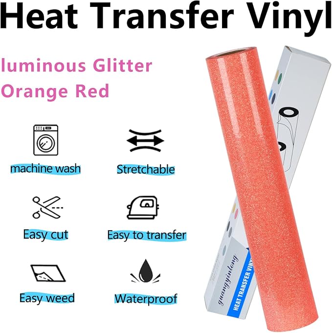 guangyintong Glow Glitter Orange Red Heat Transfer Vinyl HTV Rolls, Glitter HTV - Image 6