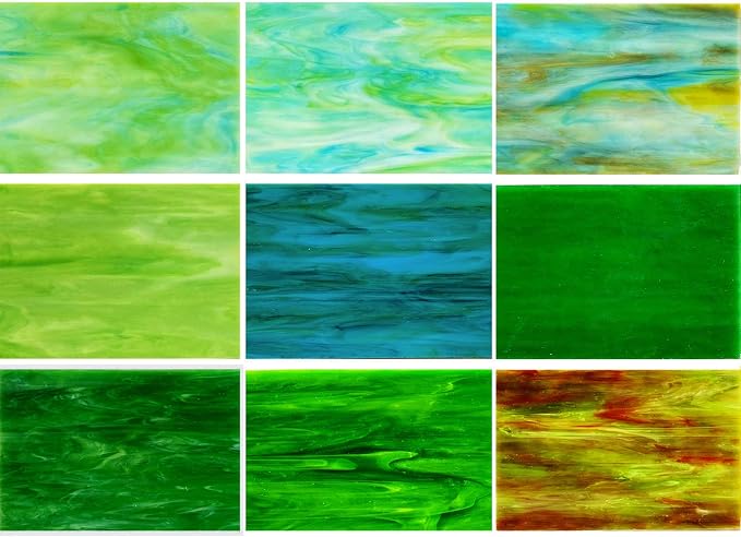 9 Pack Green Stained Glass Sheets, 4 x 6 inch Mosaic Glass Stained Glass by PALJOLLY
