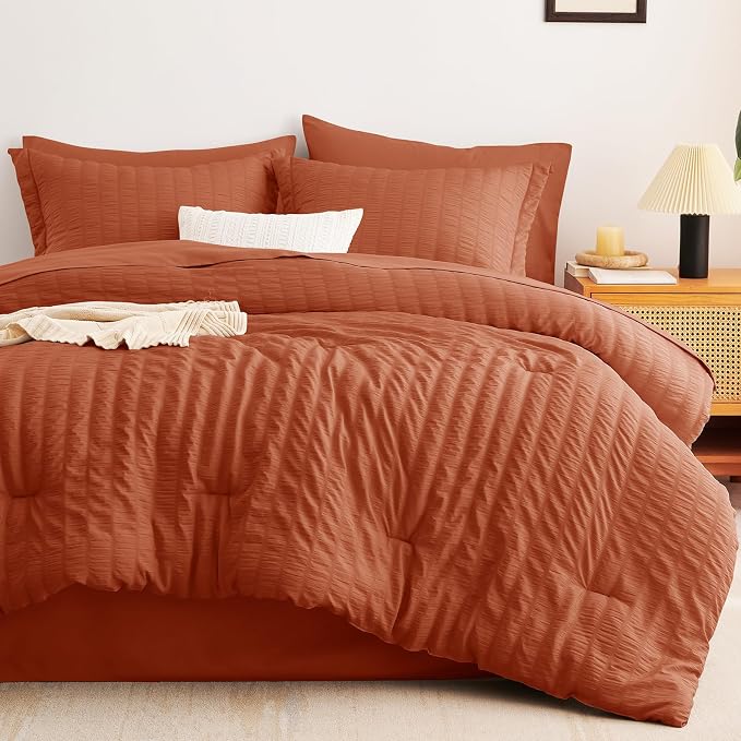 CozyLux Queen Comforter Set Burnt Orange Seersucker 7 Pieces Bed in a Bag Queen - Image 9