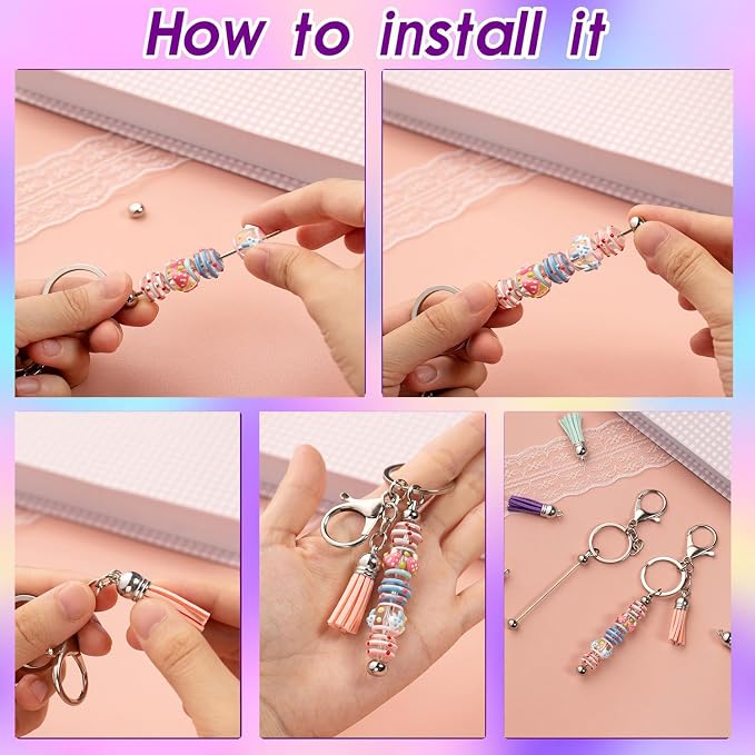 Zioyihan 40 Pcs Beadable Keychains Bars Metal Beaded Keychain Blank Keychain - Image 3