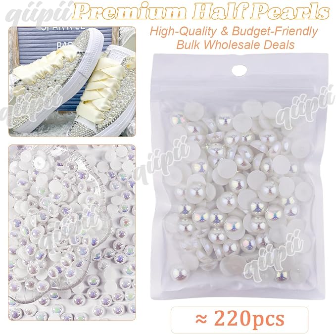 qiipii 220PCS 10mm White AB Round Half Round Pearls - Image 2