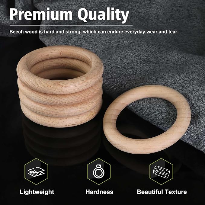 FoDau770 5pcs Natural Beech Wooden Rings, Unfinished Solid Wood Rings Heavy - Image 3