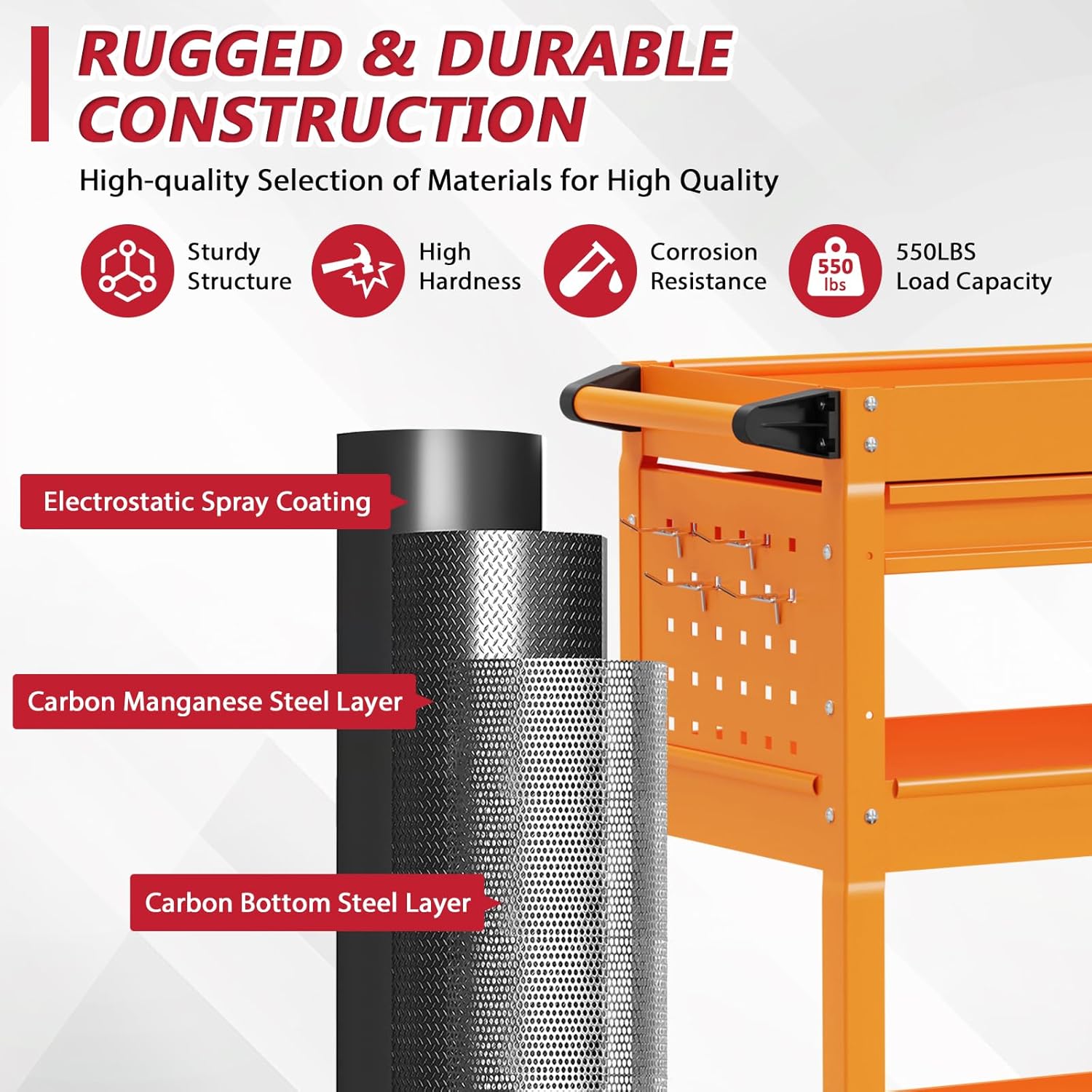 3 Tier Rolling Tool Cart on Wheels, Heavy Duty Service Cart Industrial Utility Cart with Drawer and Screwdriver Rack Pegboard, 550 LBS Mobile Tool Storage Organizer for Garage, Workshop (Orange)