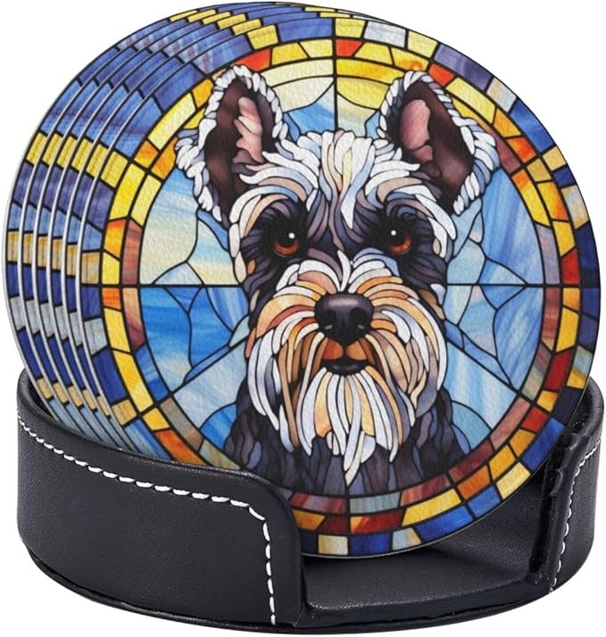 Drink Coaster Set of 6, Schnauzer Dog Mom Lover Gift, Leather Drink Coasters - Image 2