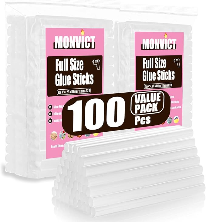 MONVICT 100 Pack Full Size Hot Melt Glue Sticks | 4"Long 0.43" Diameter | Art by MONVICT