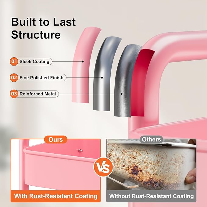 3 Tier Rolling Cart Metal with Lockable Wheels, Storage Utility Trolley Carts - Image 9