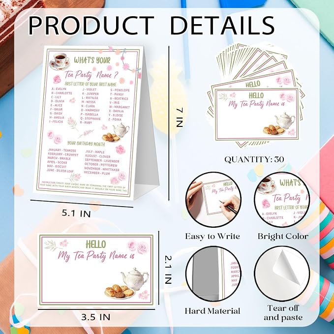 What's Your Tea Party Name Game Cards, Birthday Party Game Supplies, 1 Tea - Image 2