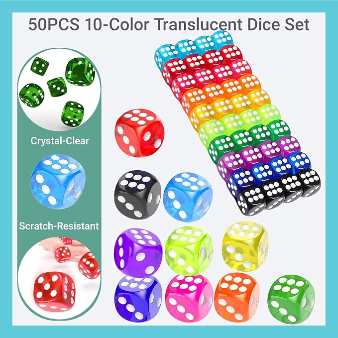 50 Pack Colorful Dice Set 6 Sided Acrylic Dice Standard Dice Translucent - Image 4