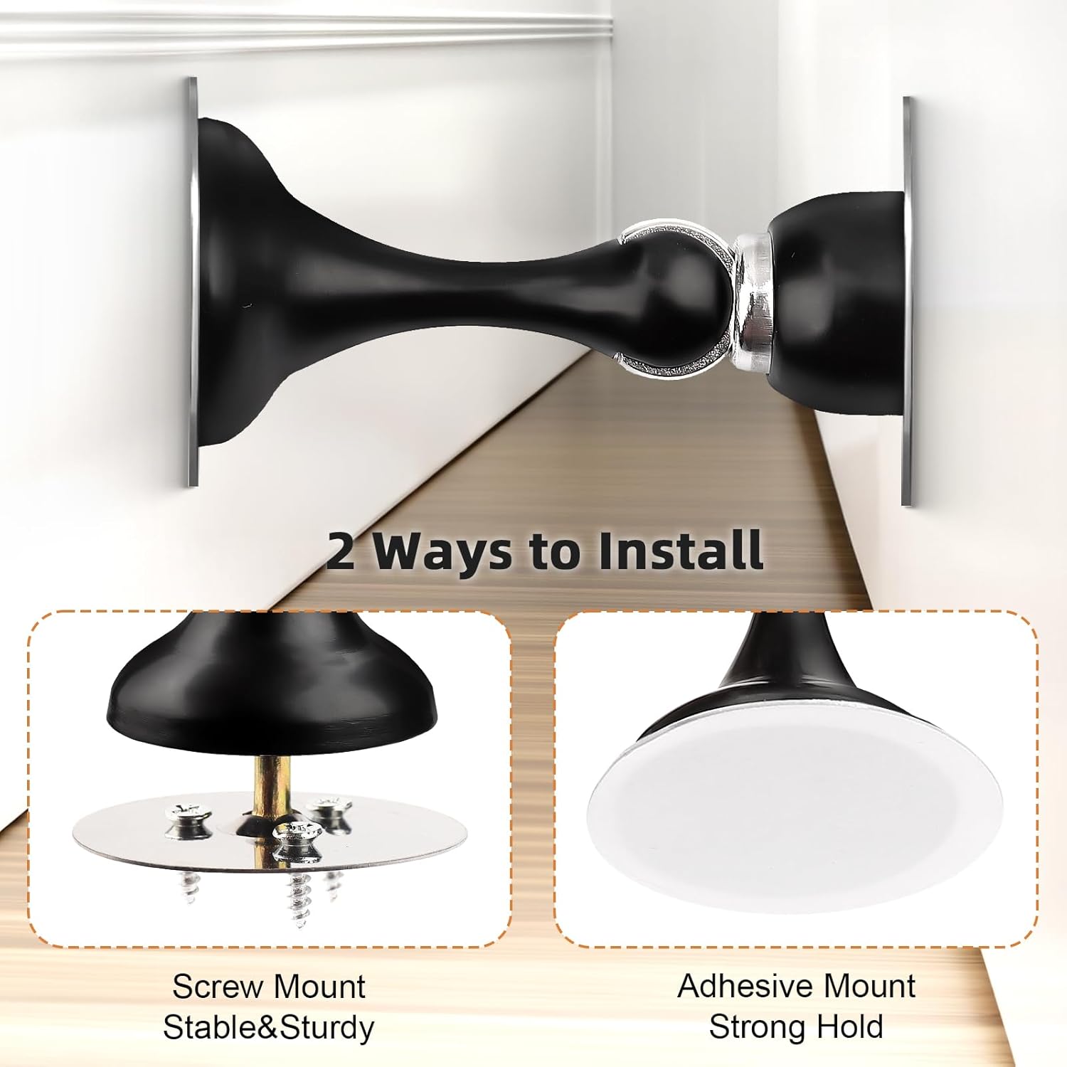 Probrico Black Magnetic Door Stoppers for Bottom of Door, Stainless Steel Magnet Door Catch Door Stops to Keep Door Open, Heavy Duty Door Holder, Wall and Floor Mounting, 2 Pack