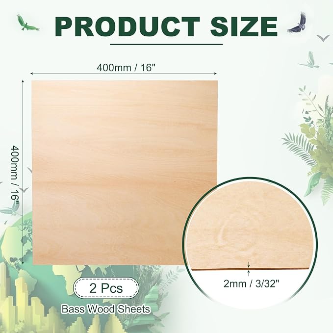 HARFINGTON 2pcs 2mm Basswood Plywood Sheets 16" x 16" x 3/32" Thin Unfinished - Image 2