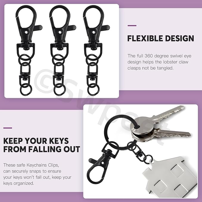 Swpeet Assorted 150Pcs Black Keychain Making Kit, Swivel Trigger Hook, Swivel - Image 5