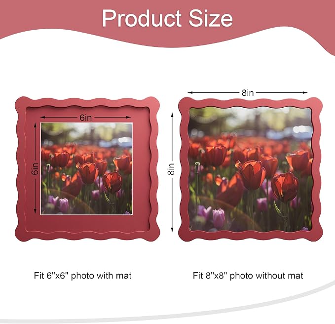 8x8 Picture Frame with Mat for 6x6, Wavy Edge Wooden Real Glass Photo Frame for - Image 3