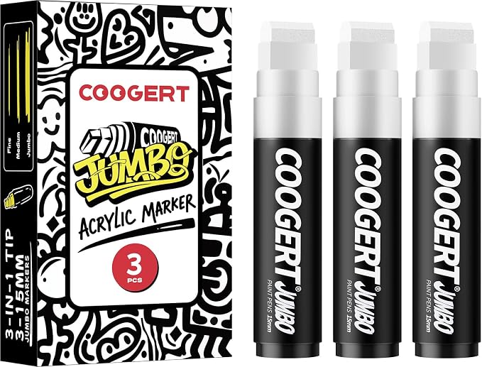 Coogert 3Pcs White Jumbo Poster Markers, 15MM Thick Permanent Acrylic Graffiti by CoogertPaintPens