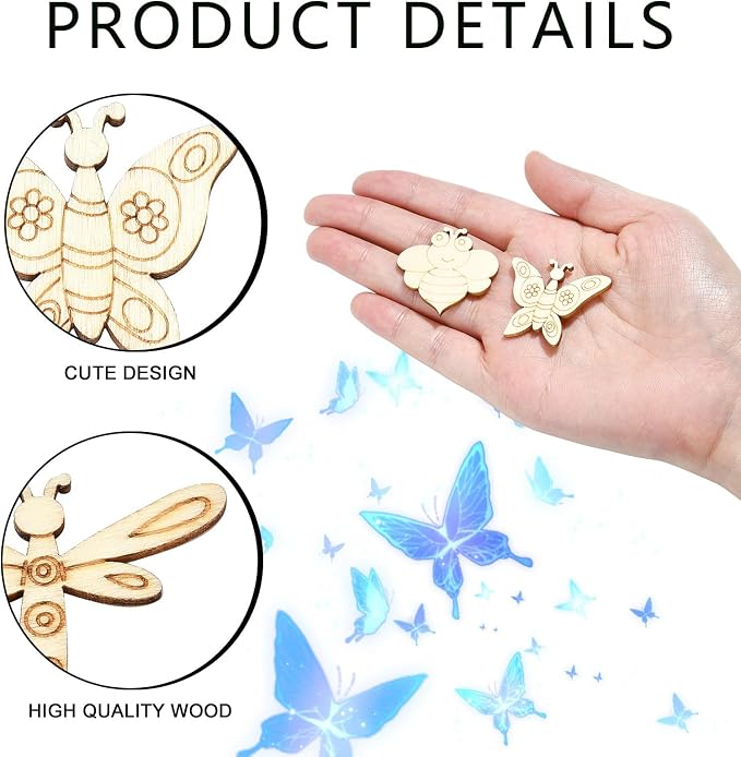 LiQunSweet 200 Pcs Insects Unfinished Wood Cutout Butterfly Bee Ladybug - Image 3