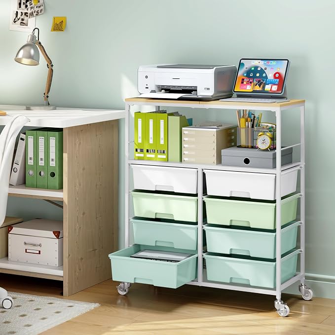 Rolling Cart with 8 drawers, Storage Drawer Cart with Wooden Tabletop, Lockable - Image 8