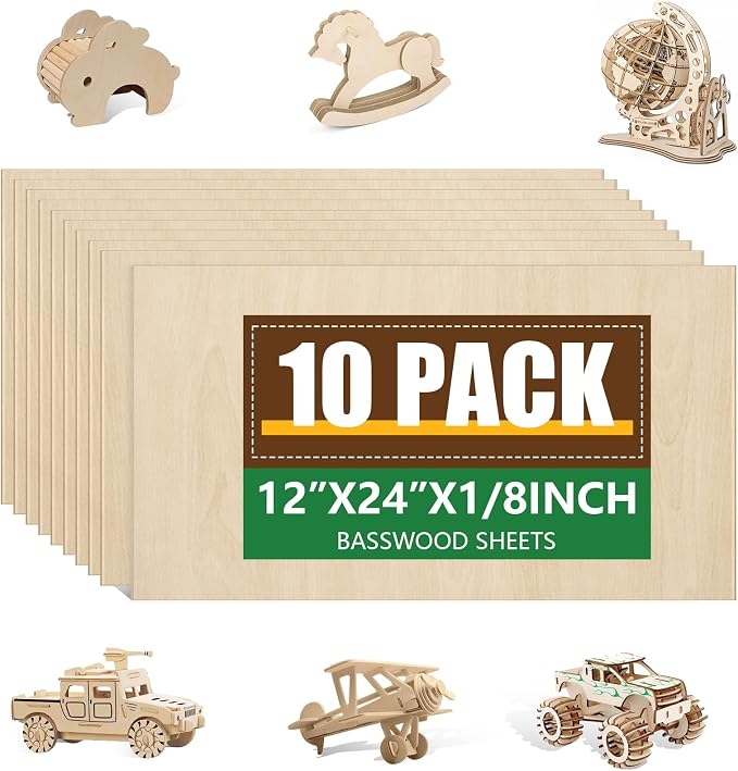 10 Pack Basswood Sheets 1/8x12x24 Inch, Unfinished Wood by ESRICH