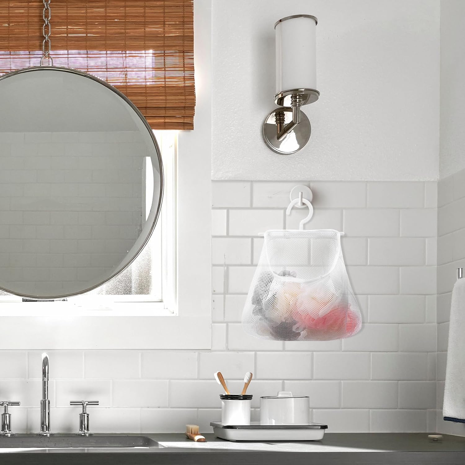 Cabilock 2pcs Multi-functional Hanging Mesh Bag Breathable Laundry Storage Bag for Bathroom Kitchen Clothespin Holder Fruit and Vegetable Pouch Hanging Organizer for Home Use