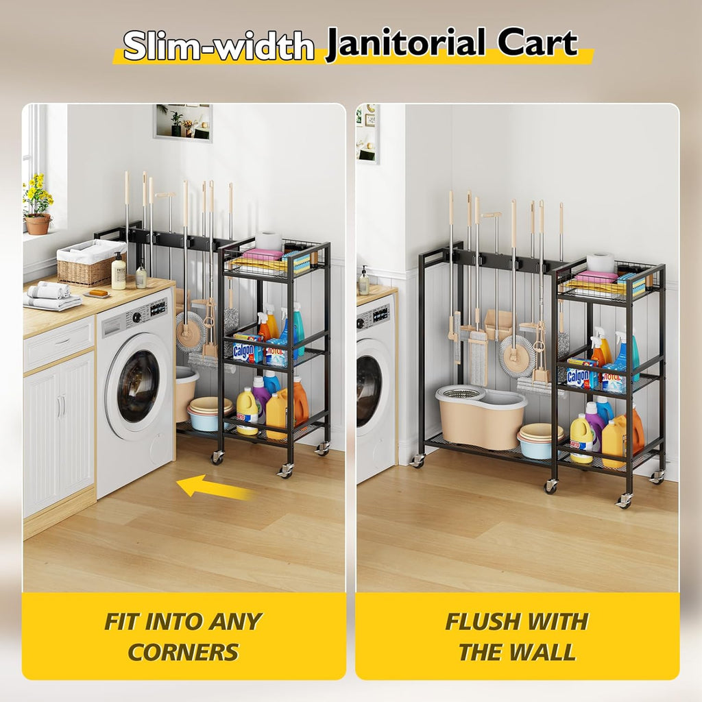 Broom Holder with Cleaning Supplies Organizer, Movable Broom Closet Storage Cabinet with Cleaning Caddy, Cleaning Cart with Mop Rack, Janitorial Housekeeping Cart on Wheels, Laundry Room Organization