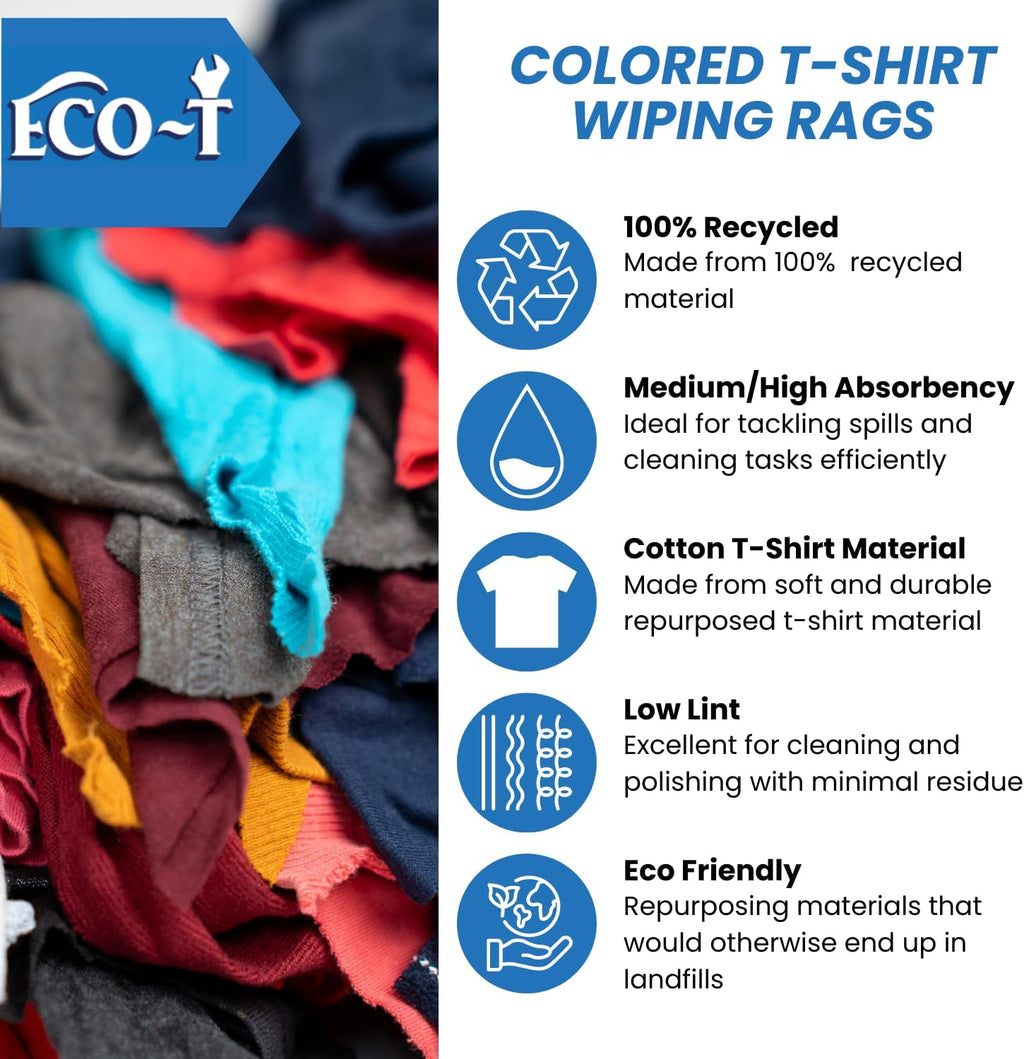1 Lb Bag Eco-T Mechanic Shop Rags - Colored T-Shirt Material, 100% Recycled, Eco-Friendly, High Absorbency, Low Lint, Low-Cost, Industrial Use Wiping Cloth