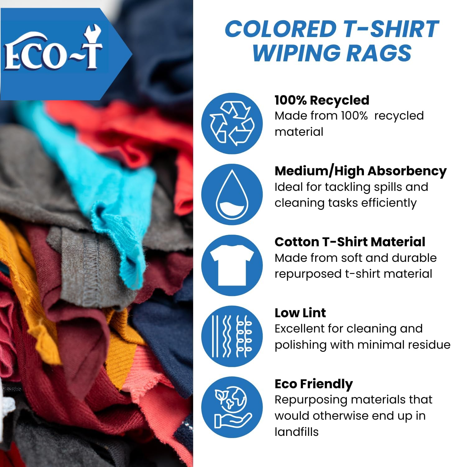 1 Lb Bag Eco-T Mechanic Shop Rags - Colored T-Shirt Material, 100% Recycled, Eco-Friendly, High Absorbency, Low Lint, Low-Cost, Industrial Use Wiping Cloth
