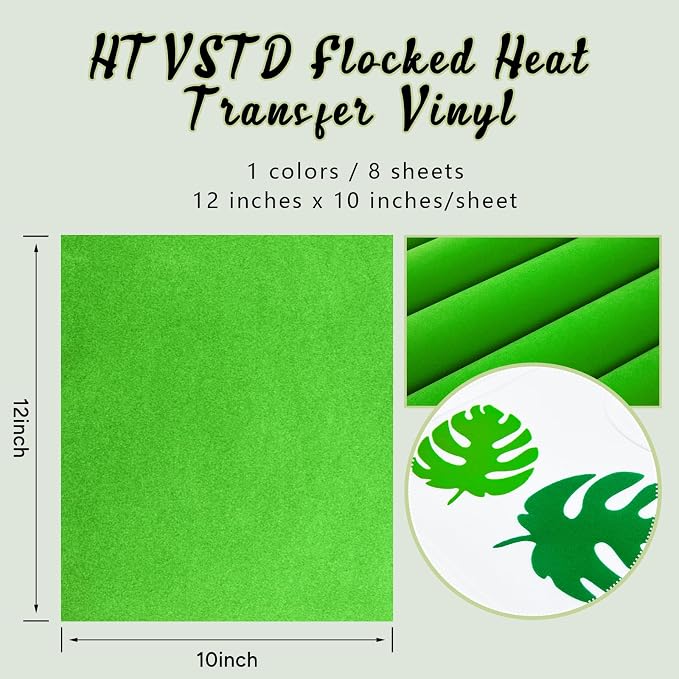 HTVSTD Forest Green Flock HTV Heat Transfer Vinyl 8pcs 12×10in | Vivid Color - Image 2